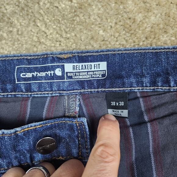 Carhartt Jeans Mens 38x30 Relaxed Fit Flannel Lined Blue Denim Workwear B225 - Picture 4 of 12